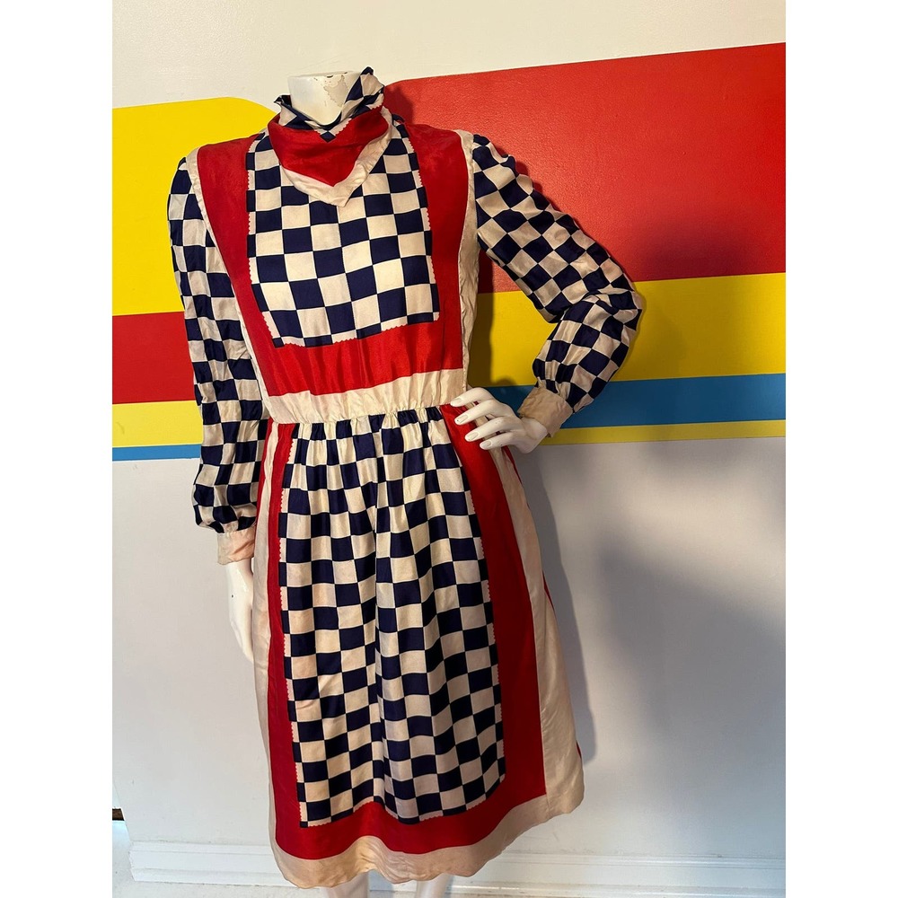 1970s vintage silk Rizkallah for Malcolm Starr checker day dress sz m